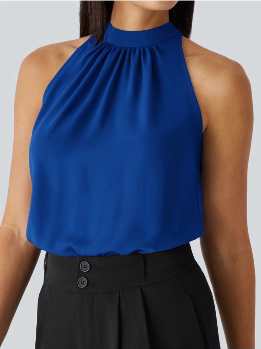 Keyhole Back Halter Sleeveless Curved Hem Work Blouse